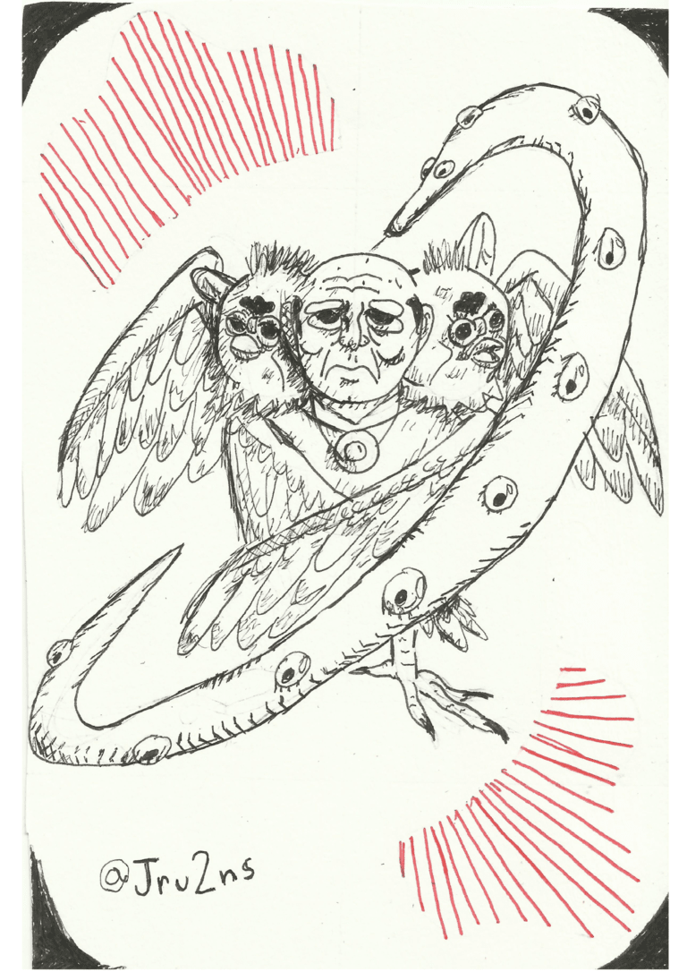 furby cherubim with a worm-on-a-string circling it