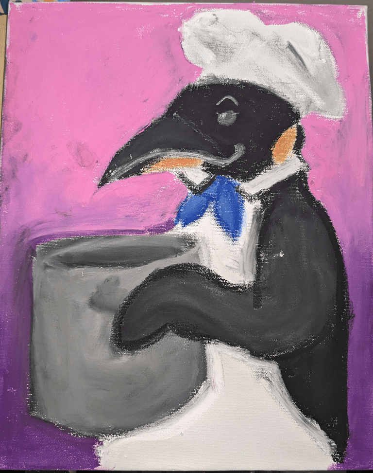 oil pastel of penguin with a chefs hat and holding a pot