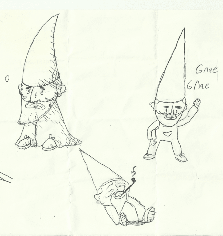 three gnomes, one is nae nae'ing, one is laying down and smoking a pipe, and one is just standing.