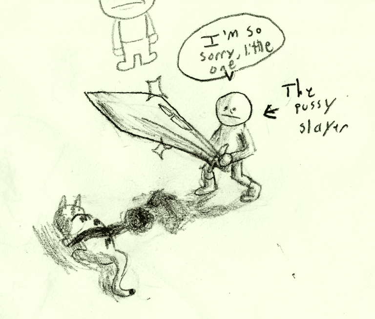 guy holding giant sword, looming over a cat with a subtitle of 'Pussy Slayer', the man is saying 'im sorry little one'