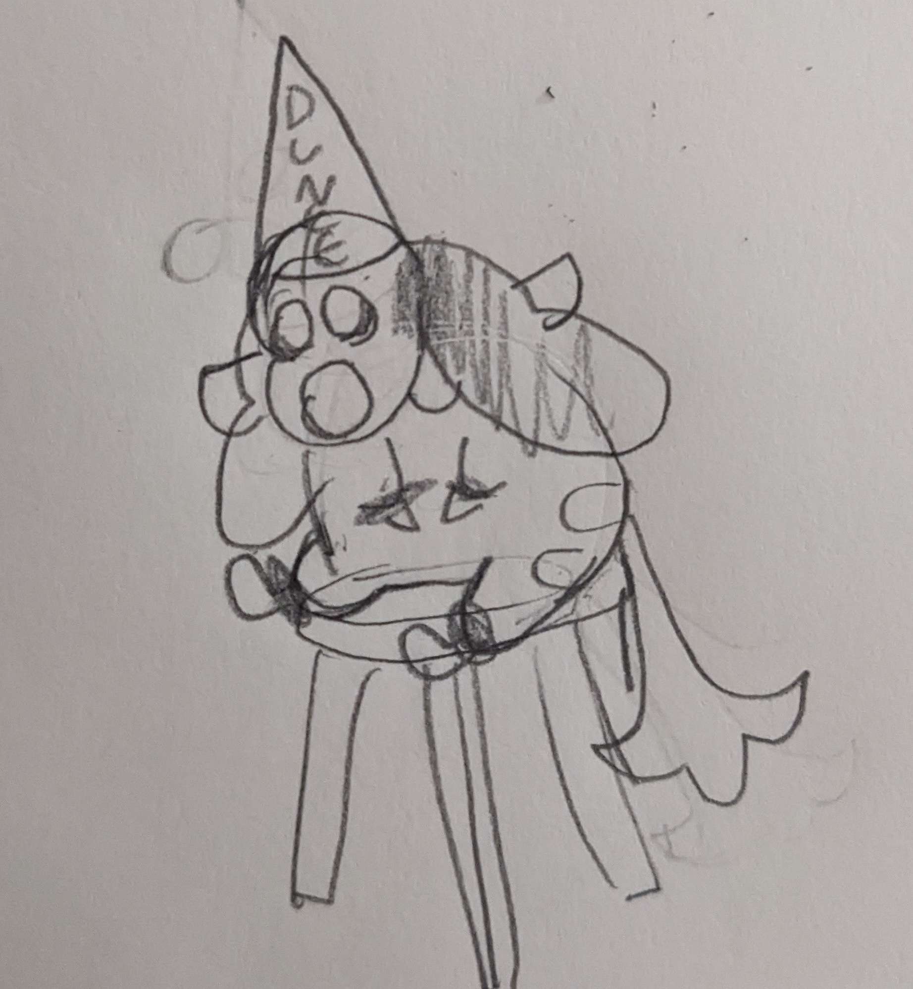 scribble of my fursona, sitting on a stool with a dunce cap on